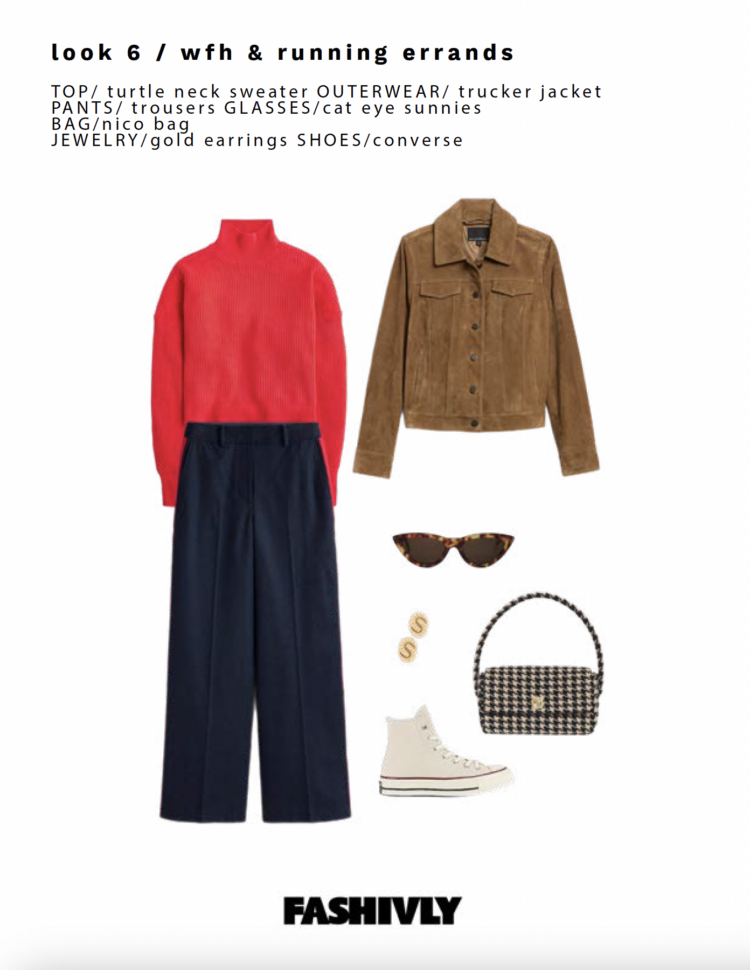 Look 6 from my Fashivly style guide features a red-orange mock-neck sweater tucked into navy Madewell Harlow wide leg pants, topped with a brown suede trucker jacket from Banana Republic. It is styled with parchment colored Converse high top sneakers, a black houndstooth handbag from Anine Bing, small gold stud earrings, and the tortoise cat eye sunglasses featured throughout the guide.